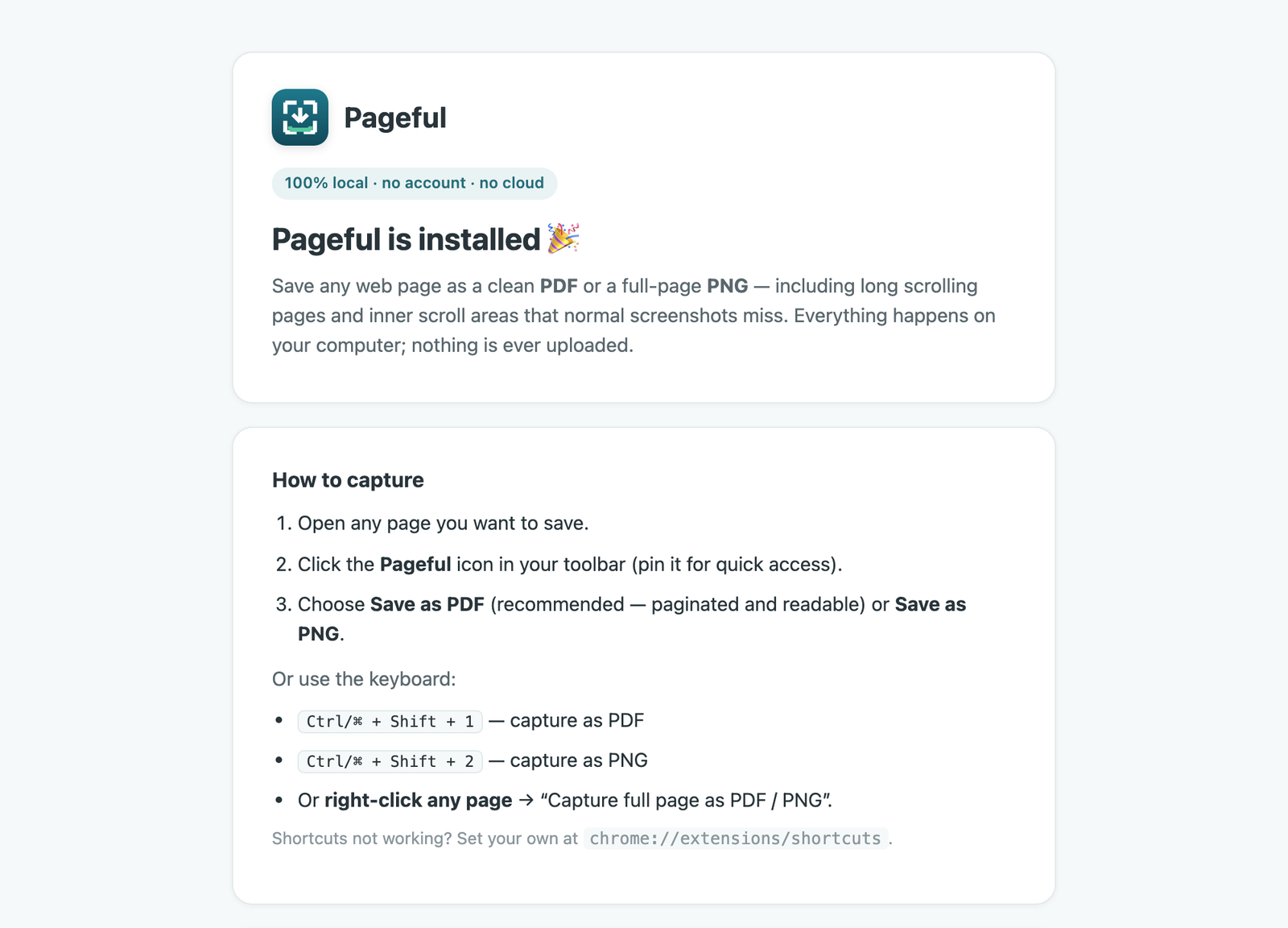 The Pageful welcome screen